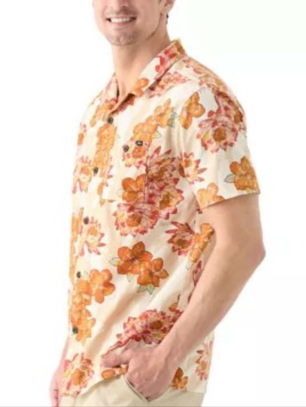 Reef Men's Short-Sleeve Floral Button-Up Shirt in Cream & Orange. NWT Men's XXL